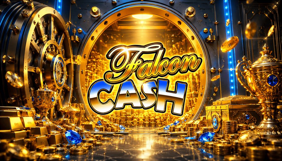 Bóveda acorazada abierta con lingotes de oro y gemas azules, portada de Falcon Cash