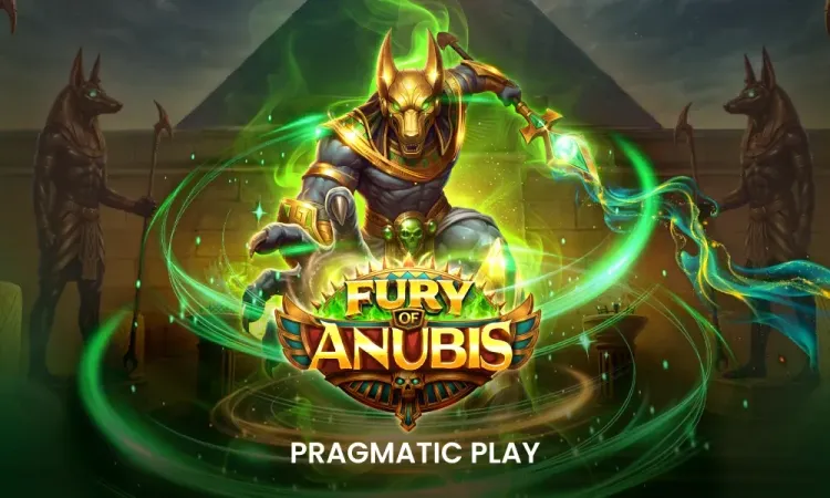Anubis rodeado de energía verde sobre el logotipo de Fury of Anubis de Pragmatic Play