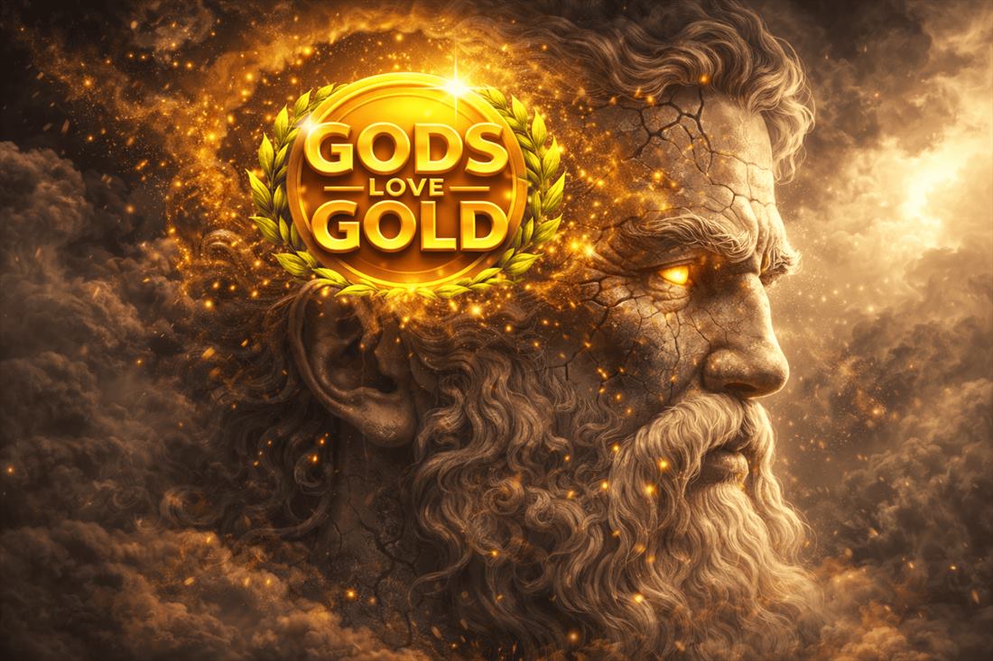 Portada de Gods Love Gold con el rostro de piedra de un dios griego y una moneda dorada