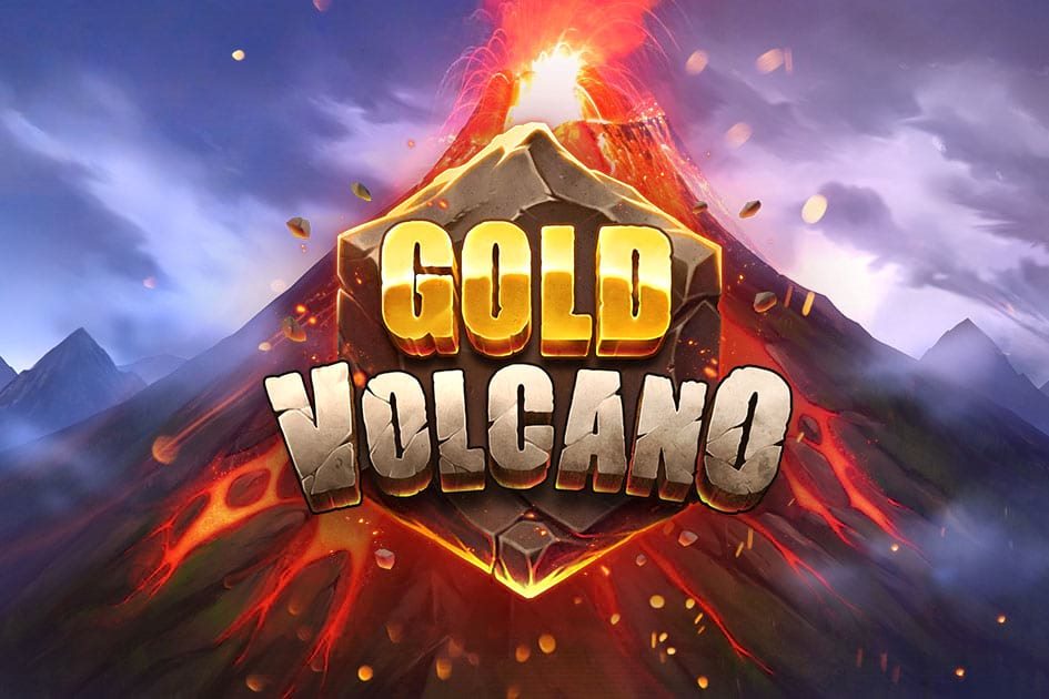 Volcán en erupción con lava dorada y símbolos brillantes, portada de Gold Volcano