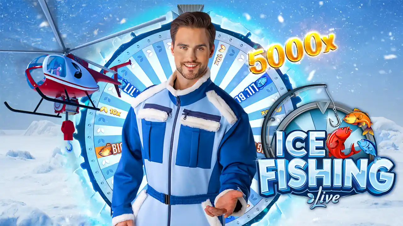 Presentador de Ice Fishing junto a la rueda azul y blanca con el multiplicador de 5.000x